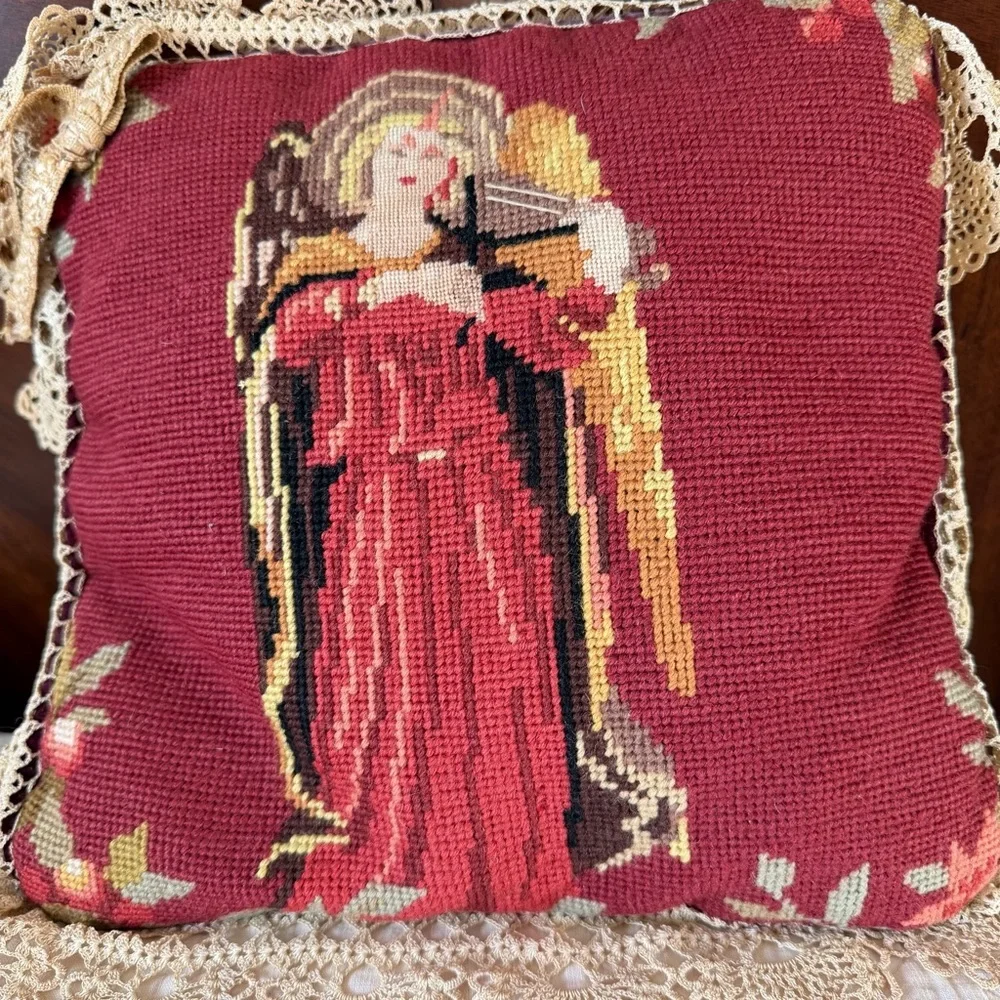 Vintage Needlepoint Angel Pillow Lace Trim 12x12 Romantic Heirloom Decor